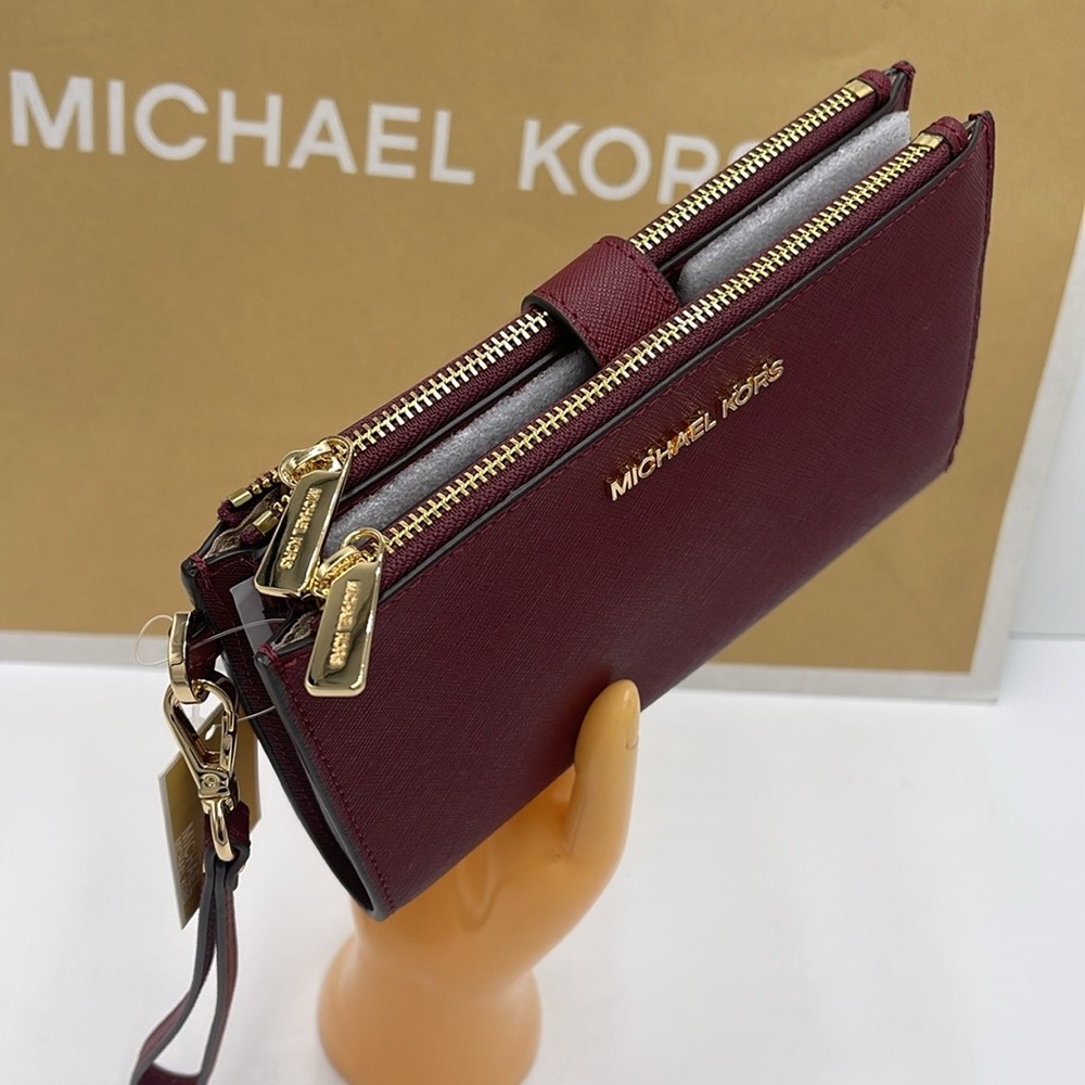 Michael Kors Jet Set Travel Large Double Zip Wristlet Wallet Dark Cherry Leather - Picture 4 of 16